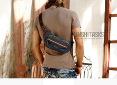 Navy Blue Canvas Leather Fanny Pack Women's Small Khaki Canvas Chest Bag Sling Hip Bag Waist Bag For Men - iwalletsmen