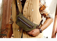 Navy Blue Canvas Leather Fanny Pack Women's Small Khaki Canvas Chest Bag Sling Hip Bag Waist Bag For Men - iwalletsmen