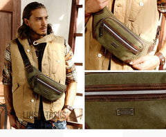 Navy Blue Canvas Leather Fanny Pack Women's Small Khaki Canvas Chest Bag Sling Hip Bag Waist Bag For Men - iwalletsmen