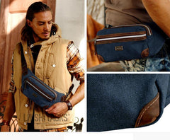 Navy Blue Canvas Leather Fanny Pack Women's Small Khaki Canvas Chest Bag Sling Hip Bag Waist Bag For Men - iwalletsmen