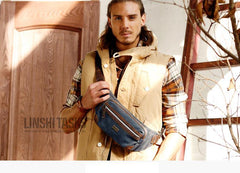 Navy Blue Canvas Leather Fanny Pack Women's Small Khaki Canvas Chest Bag Sling Hip Bag Waist Bag For Men - iwalletsmen