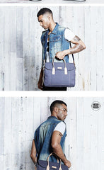 Navy Blue Canvas Leather Mens Briefcase Messenger Bags Khaki Casual Shoulder Bag for Men - iwalletsmen