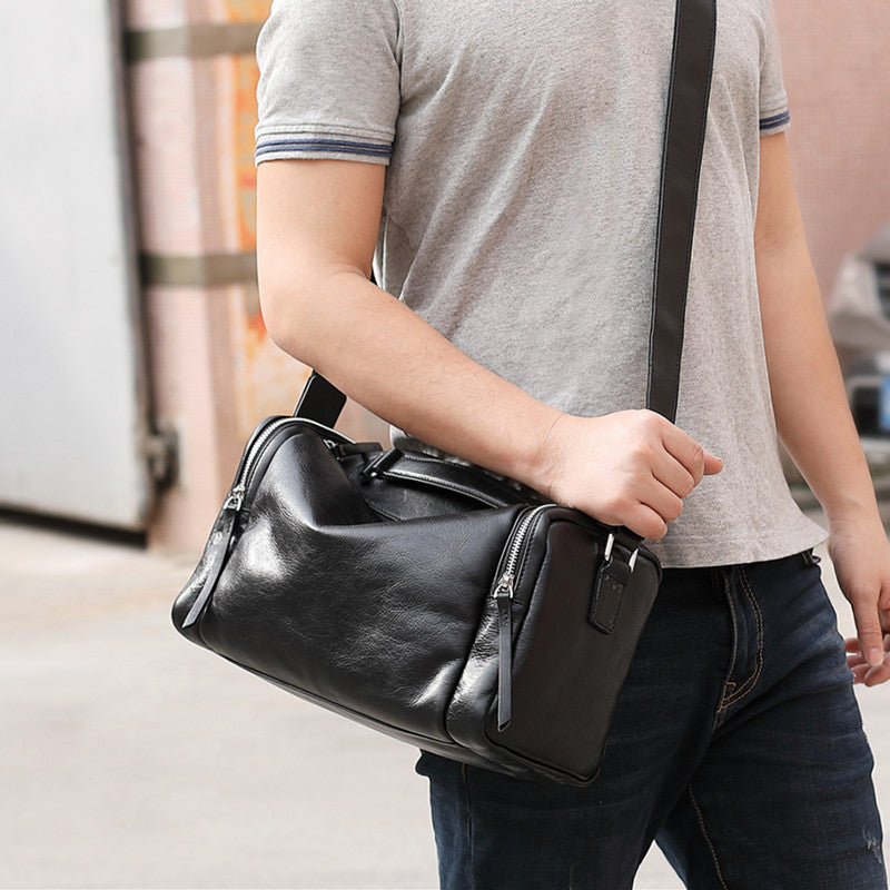 bags for men travel Fashion Black Leather Men's Small Barrel Side Bag Travel Bag Small Bla – iwalletsmen