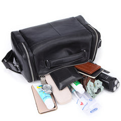 Fashion Black Leather Men's Small Barrel Side Bag Travel Bag Small Black Overnight Bag For Men - iwalletsmen