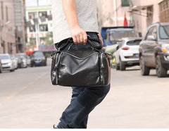 Fashion Black Leather Men's Small Barrel Side Bag Travel Bag Small Black Overnight Bag For Men - iwalletsmen