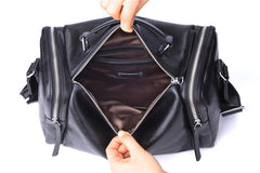 Fashion Black Leather Men's Small Barrel Side Bag Travel Bag Small Black Overnight Bag For Men - iwalletsmen