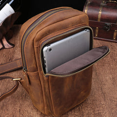 Vintage Brown Leather Men's Sling Bags Chest Bag One Shoulder Backpack For Men - iwalletsmen