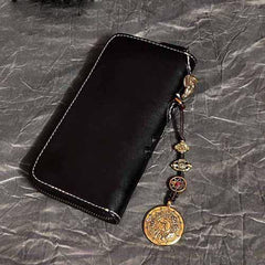 Badass Black Leather Men's Long Biker Handmade Wallet Ganesha Tooled Zipper Chain Long Wallets For Men - iwalletsmen