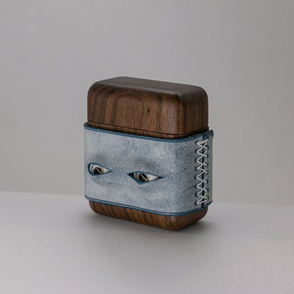 Handmade Blue Leather Coffee Wood AirPods 1,2 Case with Eyes Custom Leather AirPods 1,2 Case Airpod Case Cover - iwalletsmen