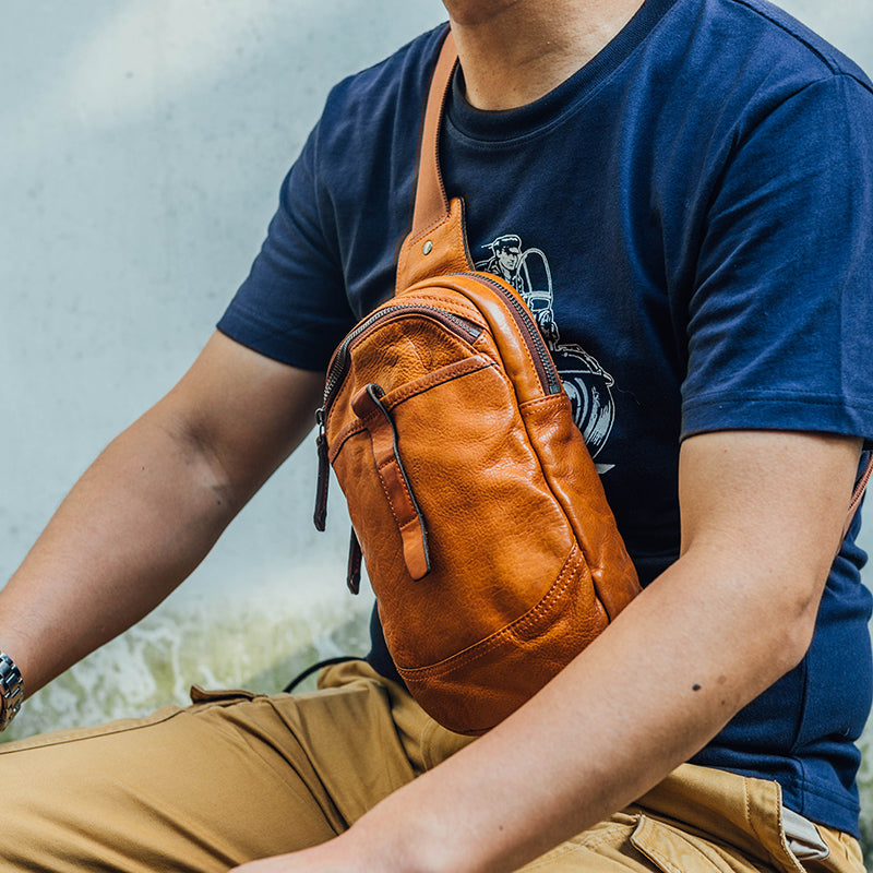Genuine Leather Mens Cool Chest Bag Sling Bag Crossbody Bag Travel Bag Hiking Bag for men