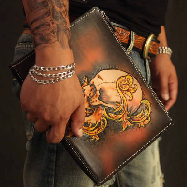 Cool Handmade Tooled Leather Tan Floral Skull Clutch Wallet Wristlet Bag Clutch Purse For Men - iwalletsmen