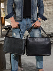 Black Large Leather Mens Cool Messenger Bags Shoulder Bags  for Men - iwalletsmen