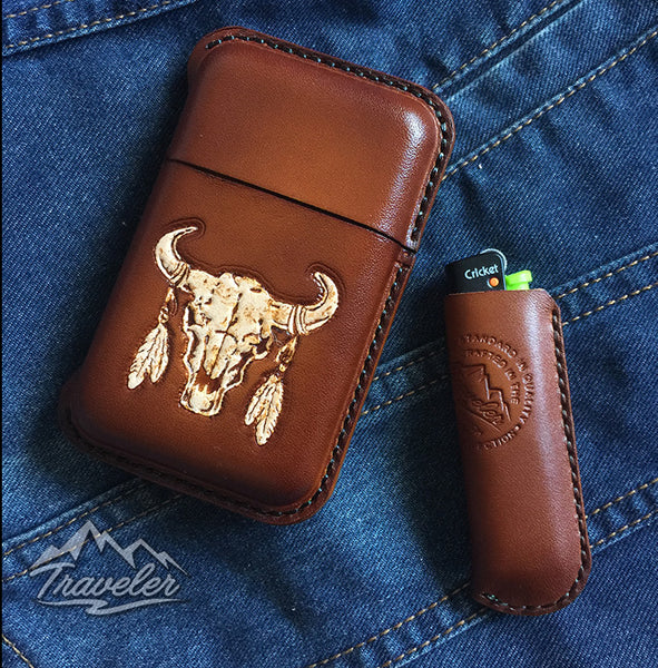 Brown Leather Mens Engraved Skull Cigarette Holder Case Vintage Custom Cigarette Case for Men - iwalletsmen