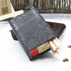 Cool Handmade Leather Mens Floral Engraved Black Cigarette Holder Case for Men - iwalletsmen