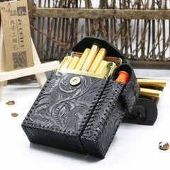 Cool Handmade Leather Mens Engraved Floral Cigarette Holder Case with Lighter holder for Men - iwalletsmen