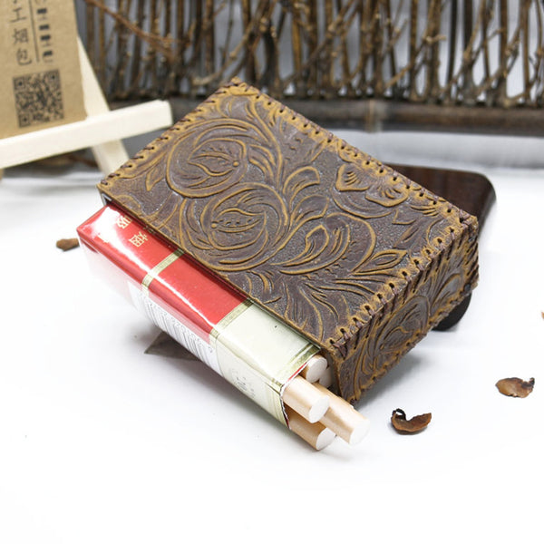 Cool Cigarette Holder Handmade Leather Mens Coffee Floral Cigarette Holder Cases for Men - iwalletsmen
