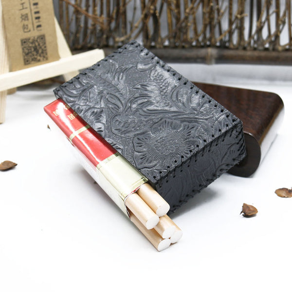 Cool Cigarette Holder Handmade Leather Mens Black Floral Cigarette Holder Cases for Men - iwalletsmen