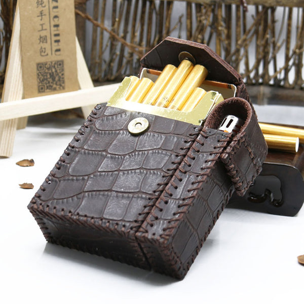 Cool Handmade Leather Mens Coffee Cigarette Holder Case with Lighter holder for Men - iwalletsmen