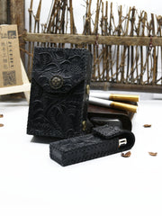 Cool Handmade Leather Mens Engraved Floral Cigarette Holder Case with Lighter holder for Men - iwalletsmen