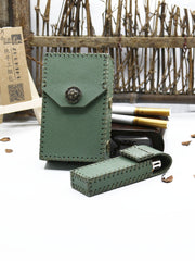 Cool Handmade Leather Mens Green Cigarette Holder Case with Lighter holder for Men - iwalletsmen