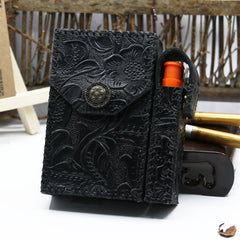 Cool Handmade Leather Mens Engraved Floral Cigarette Holder Case with Lighter holder for Men - iwalletsmen