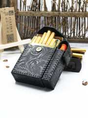 Cool Handmade Leather Mens Engraved Floral Cigarette Holder Case with Lighter holder for Men - iwalletsmen