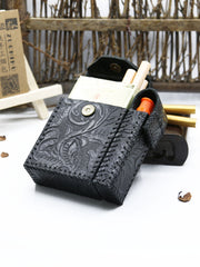 Cool Handmade Leather Mens Engraved Floral Cigarette Holder Case with Lighter holder for Men - iwalletsmen