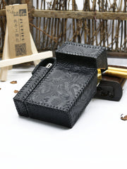 Cool Handmade Leather Mens Engraved Floral Cigarette Holder Case with Lighter holder for Men - iwalletsmen