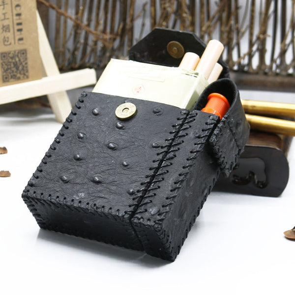 Cool Handmade Leather Mens Black Cigarette Holder Case with Lighter holder for Men - iwalletsmen