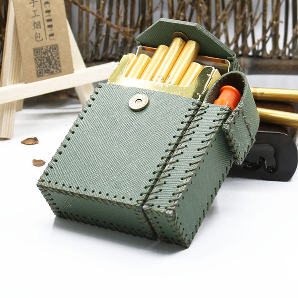 Cool Handmade Leather Mens Green Cigarette Holder Case with Lighter holder for Men - iwalletsmen