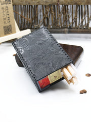 Cool Handmade Leather Mens Floral Engraved Black Cigarette Holder Case for Men - iwalletsmen