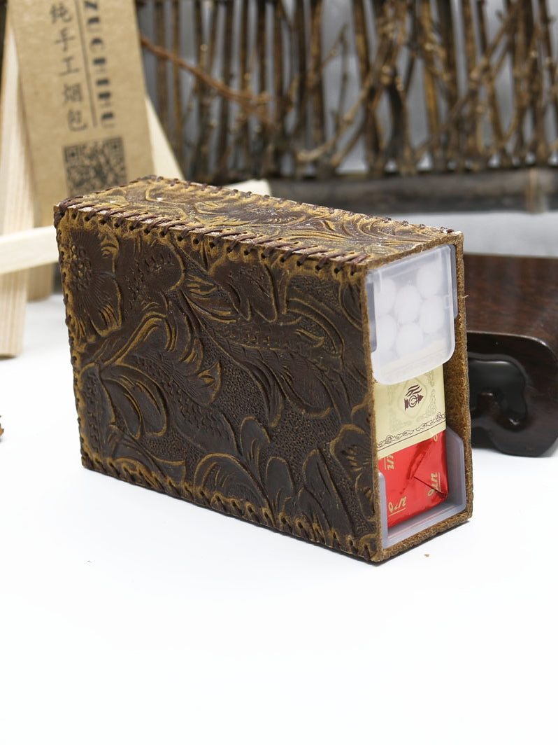 Handmade Leather Cigarette Holder Mens Engraved Floral Cigarette Holder Case for Men - iwalletsmen
