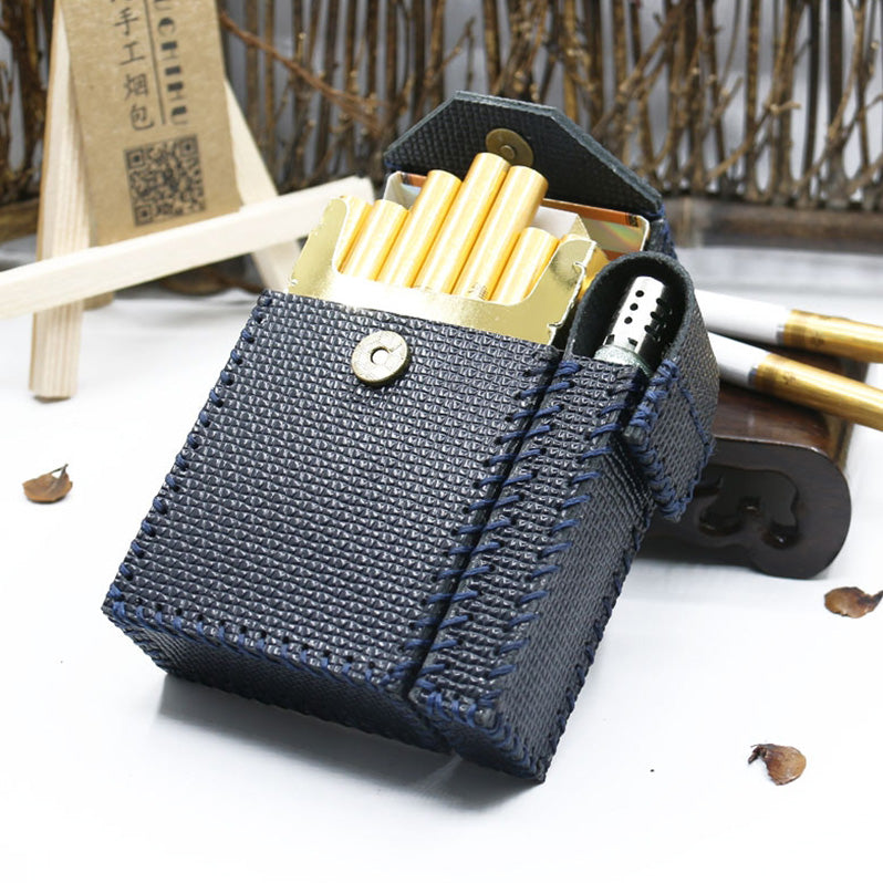 Cool Handmade Leather Mens Dark Blue Cigarette Holder Case with Lighter holder for Men - iwalletsmen