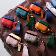 Handmade Blue&Orange Leather AirPods Pro Case with Wristlet Strap Leather AirPods Case Airpod Case Cover