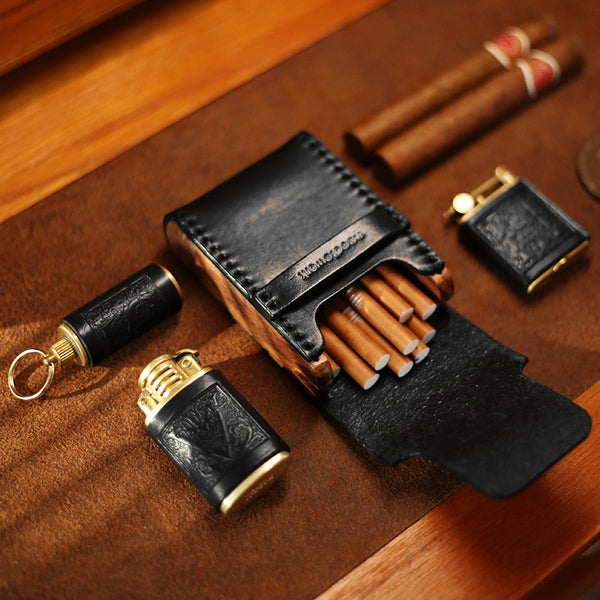 Cool Black Leather Mens Cigarette Case Wooden Custom Cigarette Holder for Men - iwalletsmen