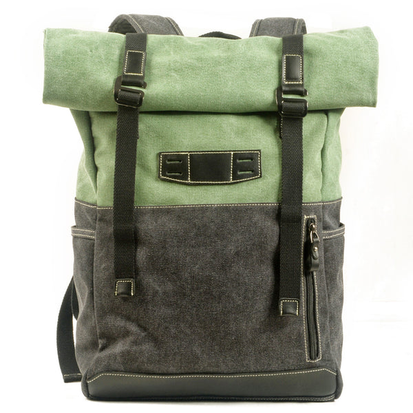 Green Waterproof Mens Rollup Backpack Canvas Travel Backpack Waxed Canvas Hiking Backpack For Men - iwalletsmen