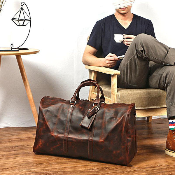 Vintage Brown Leather Mens Casual Large Travel Bags Shoulder Weekender Bags Duffle Bag For Men - iwalletsmen