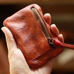 Vintage Slim Brown Leather Mens Coin Wallet Zipper Coin Holder - Slim Profile View - iwalletsmen