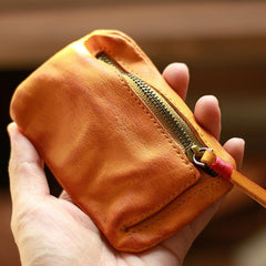 Vintage Slim Brown Leather Mens Coin Wallet Zipper Coin Holder - Card Slot Detail - iwalletsmen
