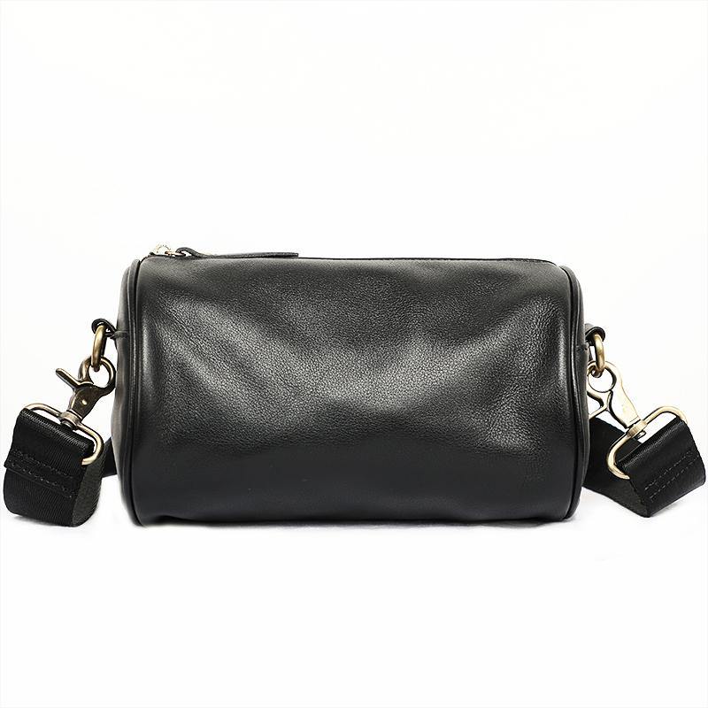Black Leather Mens Small Casual Bucket Bag Barrel Messenger Bags Brown Postman Bag For Men - iwalletsmen