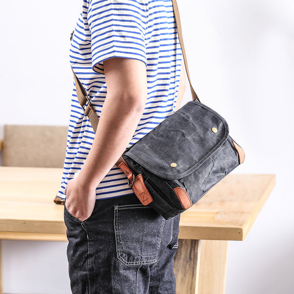 Wax Canvas Leather Mens Dark Gray Small Side Bag Courier Bag Khaki Messenger Bag for Men - iwalletsmen
