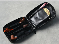 Cool Leather Black Mens Leather 4pcs Tobacco Pipe Case Zipper Tobacco Pipe Case for Men - iwalletsmen