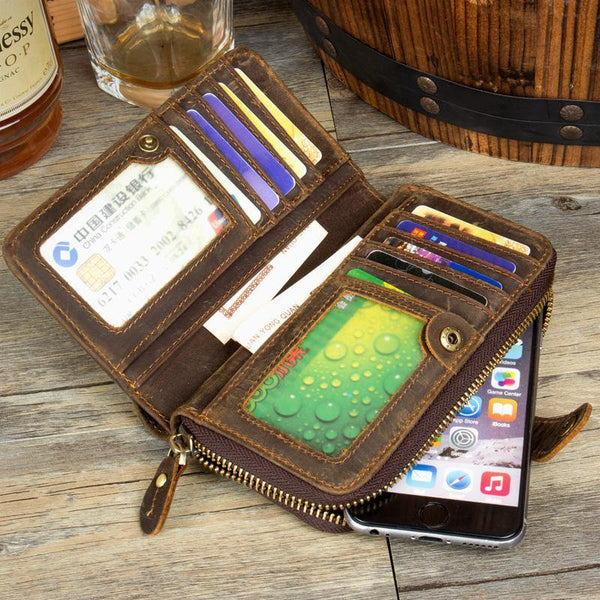 Cool Brown Mens long Wallet Bifold Zipper Clutch Wallet Cellphone Long Wallet for Men - iwalletsmen