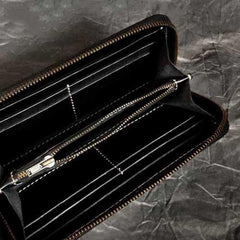 Badass Black Leather Men's Long Biker Wallet Wolf Handmade Tooled Zipper Long Wallets For Men - iwalletsmen