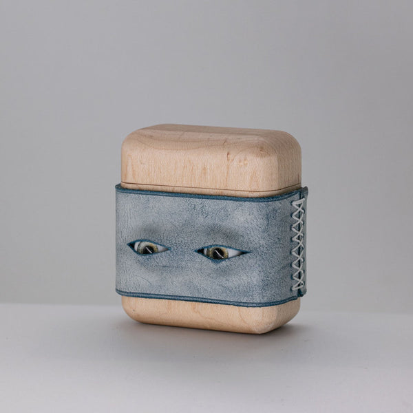 Handmade Blue Leather Wood AirPods 1,2 Case with Eyes Custom Leather AirPods 1,2 Case Airpod Case Cover - iwalletsmen