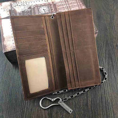 Badass Brown Leather Men's Long Biker Chain Wallet Bifold Long Wallets with Chain For Men - iwalletsmen