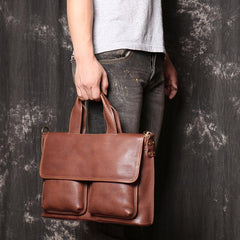 Brown Leather Mens Business Briefcase 14'' Laptop Work Bag Brown Handbag Briefcase Shoulder Bags For Men - iwalletsmen