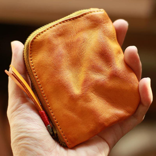 Vintage Slim Tan Leather Mens Coin Wallet Zipper Coin Holder Change Pouch For Men - iwalletsmen