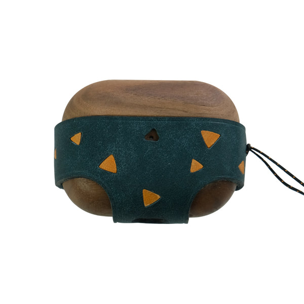 Blue Spotted Wood Leather AirPods Pro Case with Strap Leather 1,2 AirPods Case Airpod Case Cover - iwalletsmen