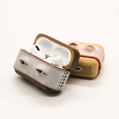 Handmade Blue Leather Wood AirPods 1,2 Case with Eyes Custom Leather AirPods 1,2 Case Airpod Case Cover - iwalletsmen